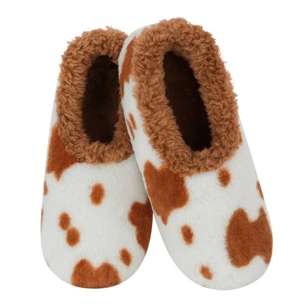 Snoozies Women Cow Print Sherpa Lined Slippers Brown White Anti-Skid 5/6 NWT